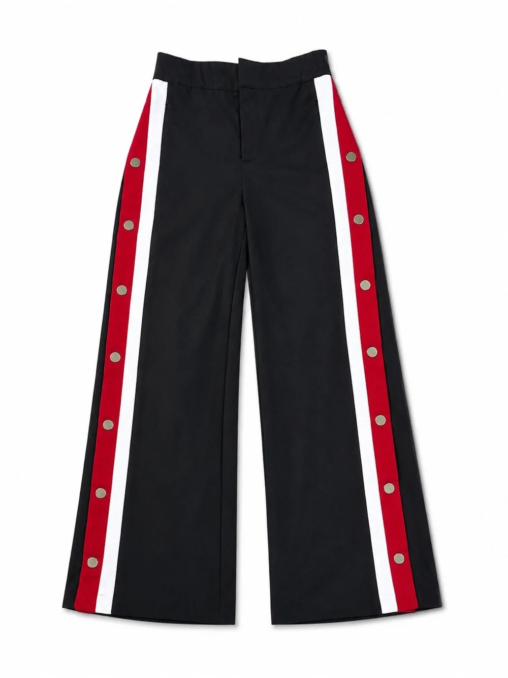 Women’s Black Wide-Leg Track Pants Red & White Snap Side Stripes